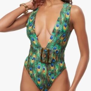 We Wore What Peacock Plunging V Neck One Piece Swimsuit